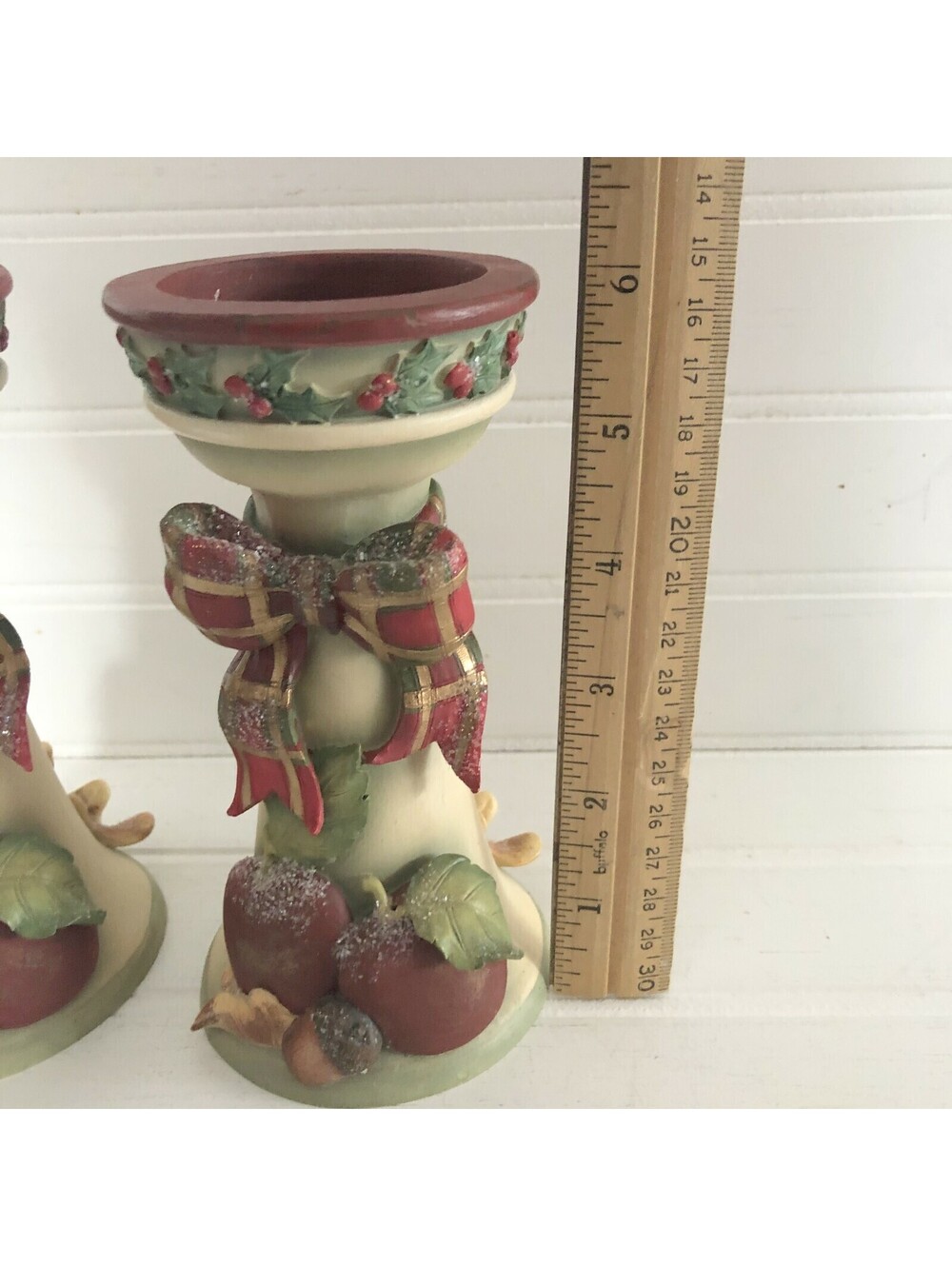 2 Winter Orchard Candle Holders Christmas Fruit Ribbon Holly Betty Singer Design - Picture 6 of 12
